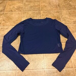 SanSoleil Womens UPF 50 Long Sleeve Crop Top Navy Blue Mesh Thumbholes Small